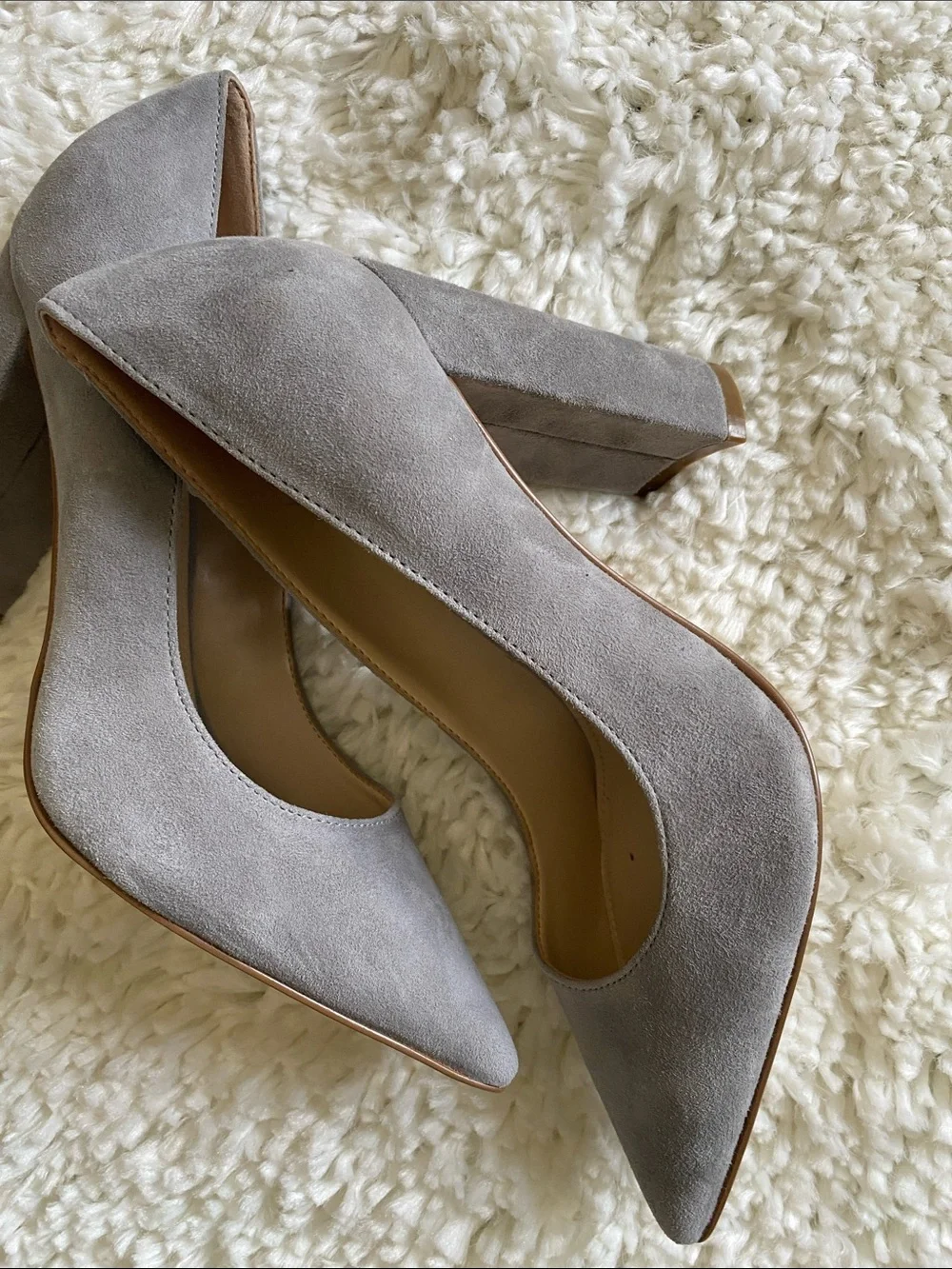 Marc Fisher Light Gray Suede Block Heel Pumps